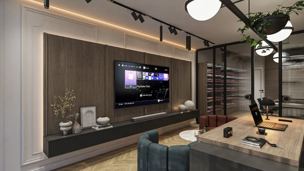 Ahşap Duvar Panelli TV Ünitesi & Özel Ofis Lounge Alanı