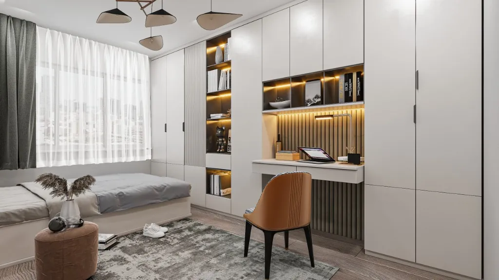 Entegre Çalışma Masalı & LED Kitaplıklı Genç Odası