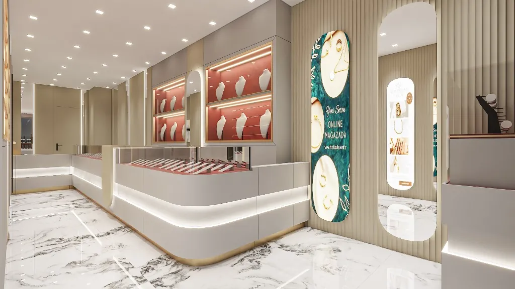 Gold Detaylı & Oval Aynalı Lüks Kuyumcu / Takı Mağazası