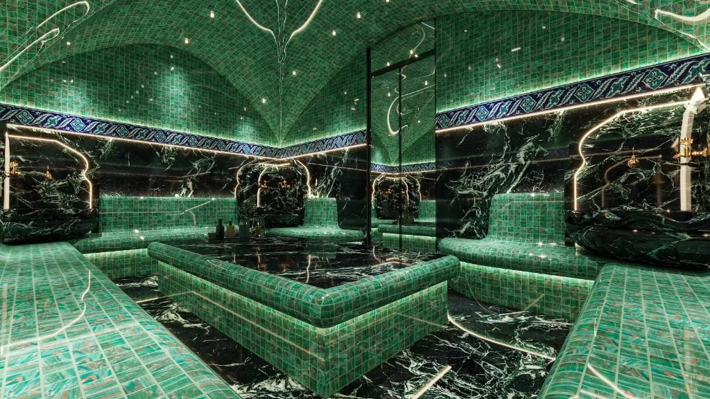 Yeşil Mermer & Turkuaz Çini Detaylı Lüks Türk Hamamı & Spa